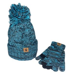 Honnesserry Pom Pom Beanie Touchscreen Gloves Set Fleece Lined Hat Blue/Black